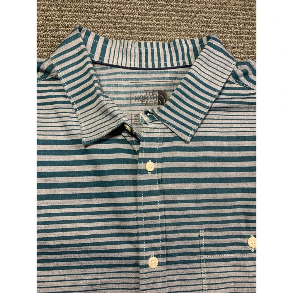 The North Face Shirt Mens Size XLarge Blue Gray Stripe Short Sleeve Button Up
